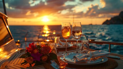 Romantic dinner on yacht with a sunset view and beautiful sea scenery with a big space for text or product advertisement, Generative AI. - obrazy, fototapety, plakaty