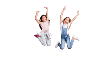 Full length body size view of two people nice-looking lovely attractive cheerful carefree straight-haired pre-teen girls having fun party overjoy great weekend isolated over blue pastel background