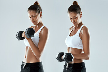 Woman, fitness and weightlifting with dumbbell in montage for workout, exercise or training on a gray studio background. Female person in sequence, collage or steps for muscle gain or bicep curl