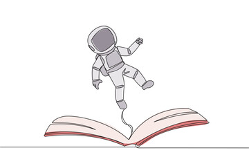 Continuous one line drawing astronaut hovering over an open book. Imagination to be astronaut floating in outer space. Enjoy the storyline. Book festival. Single line draw design vector illustration - obrazy, fototapety, plakaty