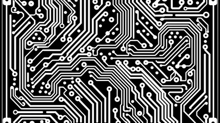 Black and White Circuit Board Pattern Background, Repeating Tech Circuitry Texture Design for Electronics, Computers