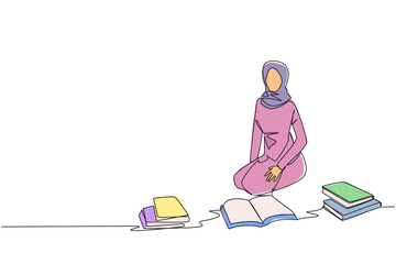 Single continuous line drawing Arabian woman reading the books happily. Good reading interest. Really enjoy reading story books. Reading everywhere. Book festival concept. One line vector illustration