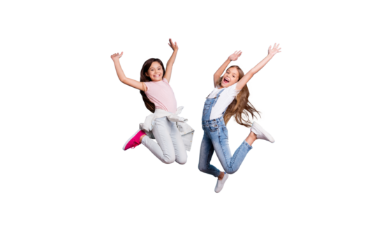 Full length body size view of two people nice-looking crazy lovely attractive carefree straight-haired pre-teen girls having fun great weekend time overjoy isolated over blue pastel background