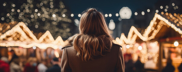 Magical Night at the Christmas Fair: A Woman Delights in the Festive Atmosphere - obrazy, fototapety, plakaty