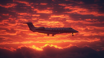 The dramatic silhouette of an airplane against the fiery hues of a sunset sky, its contours...