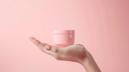 Woman's Hand Holding Blank Moisturizer Cosmetic Jar Mockup on Minimal Pink Background, Beauty and Skincare Product Presentation