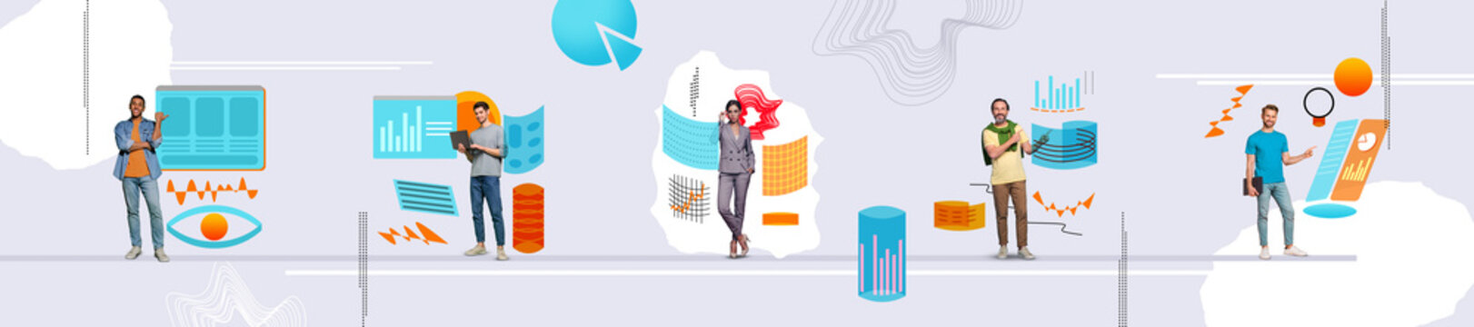 Composite collage panorama image of display office internet online prototype screen service icons graph billboard comics zine minimal