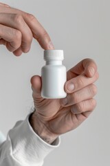 Hand Presenting Small Blank Pill Bottle Mockup on White background, Pharmaceutical Product Packaging Showcase for Branding, Advertising