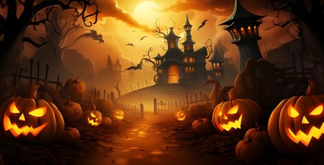 halloween background with pumpkin and bats - obrazy, fototapety, plakaty