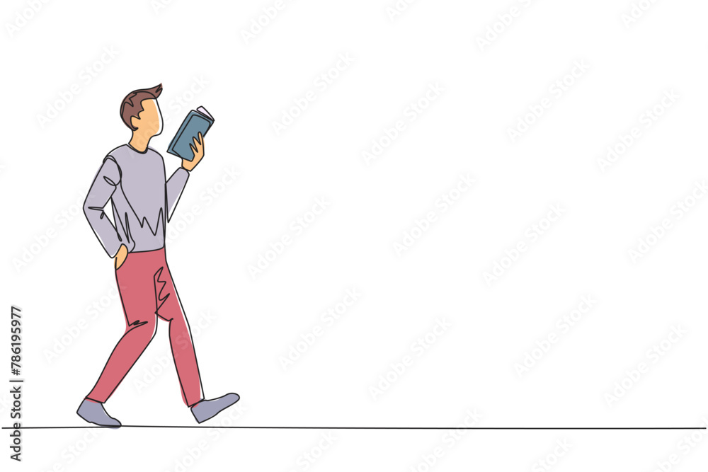 Poster Single continuous line drawing man walking while reading a book. The gesture of memorizing something from a book. Read anywhere. Addicted to reading. Book festival. One line design vector illustration