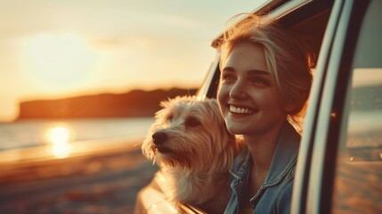 Woman and Pet Dog Sharing Cherished Bonding Moment Looking Out Car Window, Companionship, Travel and Auto Ads