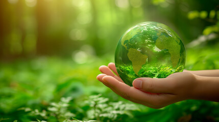 Environment. Green earth ball in hand in green forest background. Ecosystem. Earth Day. Forest conservation.