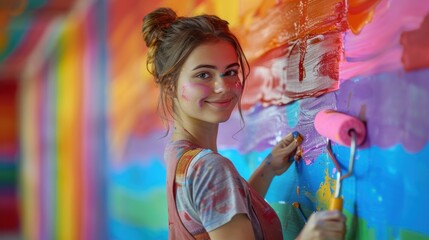 Smiling Young Female Painting with Roller on Wall, Interior Design and Renovation Concepts