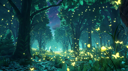 Whimsical Forest Scene with Glowing Fireflies and Giant Trees in 3D