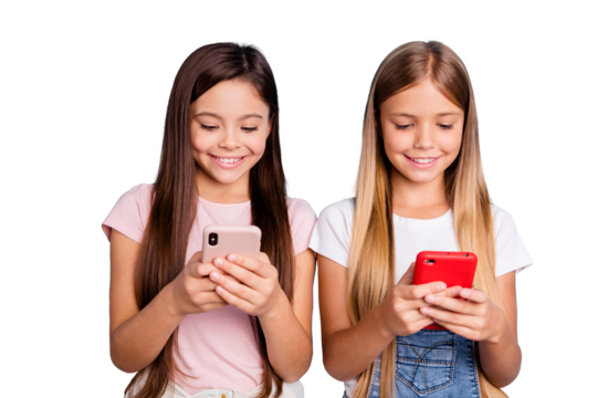 Close up photo two people little she her girls holiday having fun funky long pretty hair telephone hands arms readers wondered wearing casual jeans denim t-shirts isolated on blue bright background