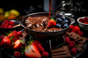 Chocolate Fondue, Melted chocolate for dipping fruits, treats - obrazy, fototapety, plakaty