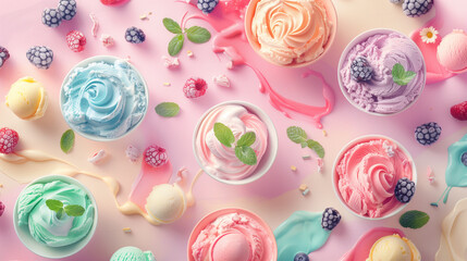 Fototapeta na wymiar Whimsical Treats: Colorful Ice Cream Flavors on Pastel Background