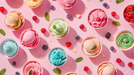 Summer Delights: Ice Cream Party with Fresh Fruits and Mint Leaves - obrazy, fototapety, plakaty