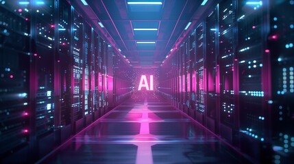Fototapeta premium AI Hub: Glowing Text in Digital Data Center Full of Servers
