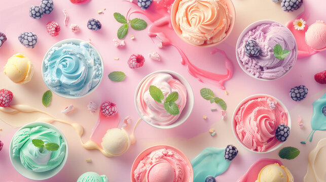 Whimsical Treats: Colorful Ice Cream Flavors on Pastel Background - Powered by Adobe