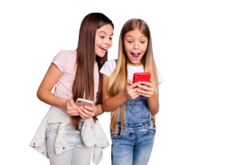 Close up photo two people little she her blond brunette girls long pretty hair telephone hands arms look open mouth wow face wearing casual jeans denim t-shirts isolated blue bright background
