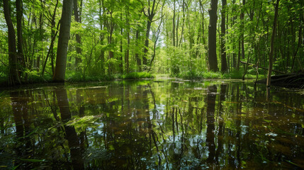 Wetlands and natural carbon sink concept. Wetlands forest with reflections in water. Freshwater wetland. Body of water. Landscape of natural carbon capture. Sustainable Ecosystems