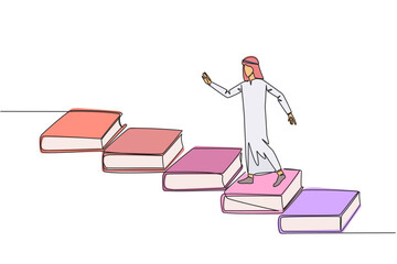 Single continuous line drawing Arab man climb stairs from books. Reading increases knowledge which can increase the dignity of a better life. Book festival concept. One line design vector illustration