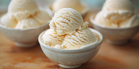 Vanilla ice cream dessert, gelato close up. Sweet food. White creamy icecream on background.  - obrazy, fototapety, plakaty