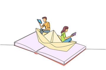 Continuous one line drawing man woman reading book on a paper boat. Maintain the good habits. The metaphor of reading can explore oceans. Book festival concept. Single line design vector illustration