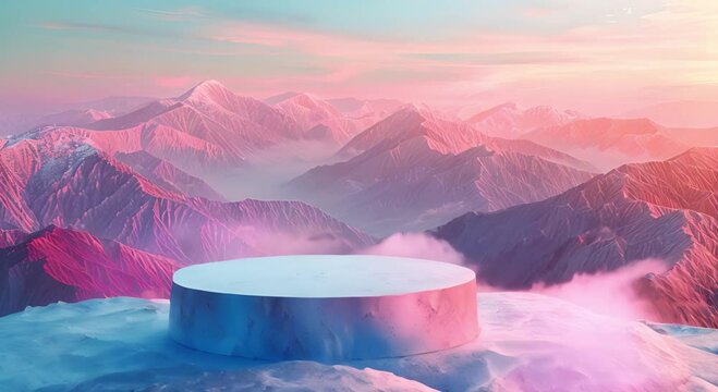 Pink and blue podium in the mountains.