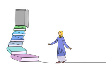 Single continuous line drawing Arab woman climb stairs from the book stack. Towards the wide open door. Metaphor of finding the answers from books. Book festival. One line design vector illustration