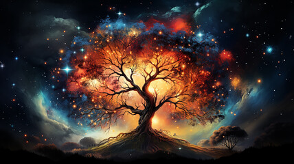 Obraz premium fairytale illustration of the tree of life of the universe, the image of a large old tree against the background of space and the dark sky among the stars and galaxies