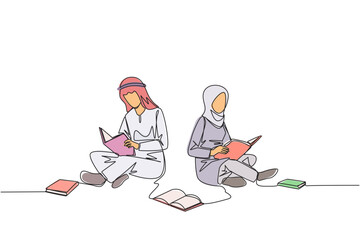 Single one line drawing Arabian man woman sitting relax in library reading lot of books. Looking for answers to assignments. Hobby reading. Book festival. Continuous line design graphic illustration