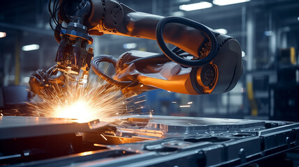 robotic welding assembly line, plasma cutting, abstract fictional robots. sparks from welding work
