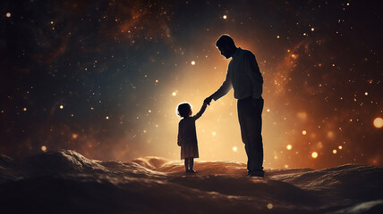 The father holds the child's hand, the concept of caring for the family is older and younger