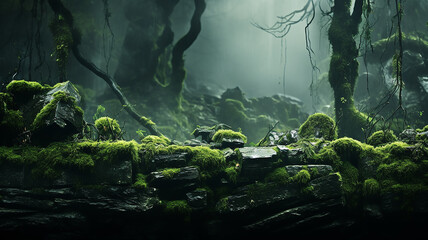Obraz premium art misty green dense forest, a gloomy dream in the wild thicket of the forest