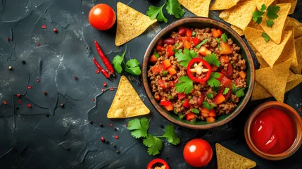 Keuken spatwand met foto Spicy homemade Mexican beef chili with fresh herbs and tortilla chips. © Anna