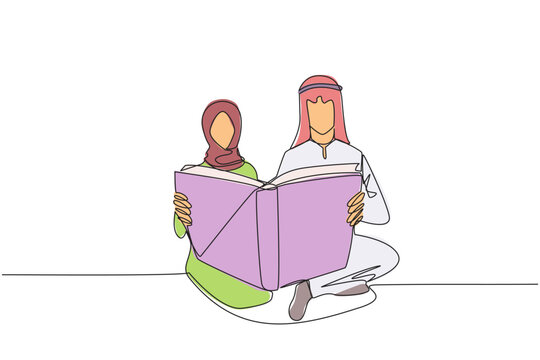 Single continuous line drawing Arabian man woman sitting reading standing book. Enthusiasm never goes away. Happy when reading story book. Book festival concept. One line design vector illustration