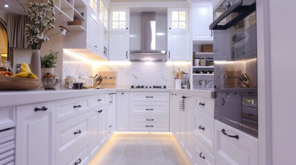 A kitchen with a white countertop and white cabinets - obrazy, fototapety, plakaty
