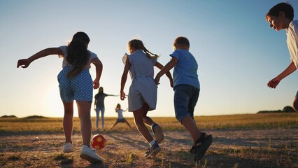 happy family playing ball in the park. a group of children playing ball in nature. happy family kid dream concept. sunset children playing lifestyle soccer in the park in nature