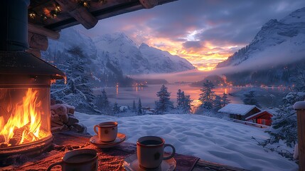 Within the cozy confines of a mountain cabin, a crackling fireplace casts a warm glow upon a table set with steaming mugs of coffee. Outside, the snow- - obrazy, fototapety, plakaty