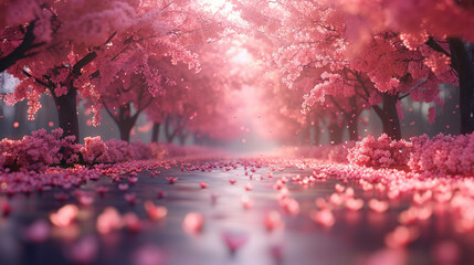 A beautiful pink forest with cherry blossoms and a path - obrazy, fototapety, plakaty