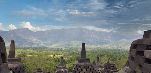 The scenery image of the Borobudur Temple in Magelang. Central Java, Indonesia.