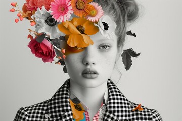 Stunning Monochrome Portrait of a Young Woman Adorned with Colorful Flowers and Leaves