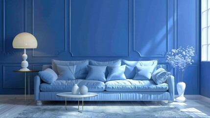 In a dimly lit room suffused with a soft blue glow, a comfortable sofa sits against the wall as the focal point. A burning lamp on a side table casts warm, inviting light, creating a cozy atmosphere.