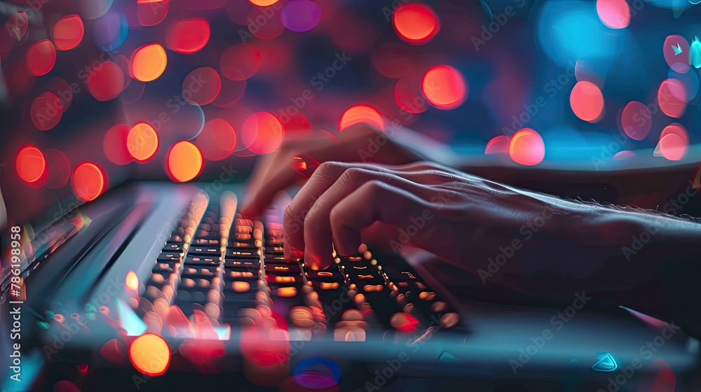 Wall mural close-up of a programmer's hand typing code on a laptop keyboard