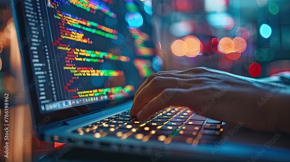 Wall mural close-up of a programmer's hand typing code on a laptop keyboard