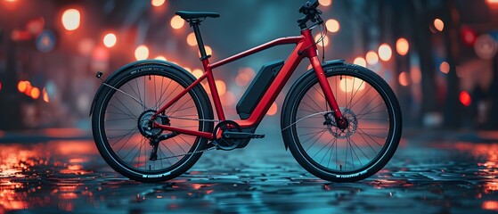 Urban Elegance: Sleek Red Mid-Drive Electric Bike in a Neon Cityscape. Concept Electric Bikes, Urban Lifestyle, City Adventures, Sleek Design, Vibrant Colors