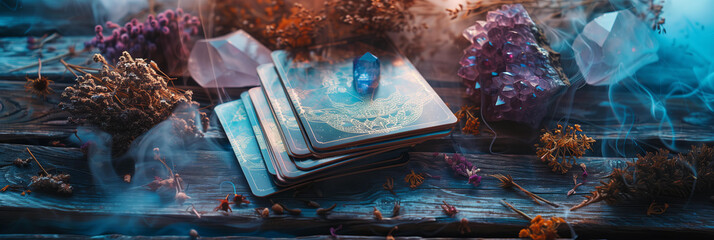 Tarot cards on the table with crystals, dry flowers and smoke . Blurred background with copy space. occult, esoteric services. love spell, fortune telling, removing the evil eye or curse - obrazy, fototapety, plakaty