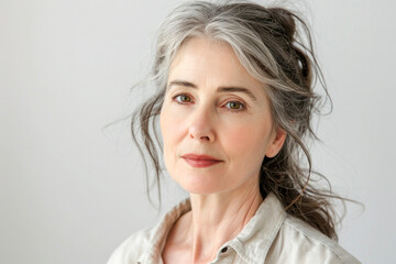 Fototapeta premium A woman with grey hair and a white shirt